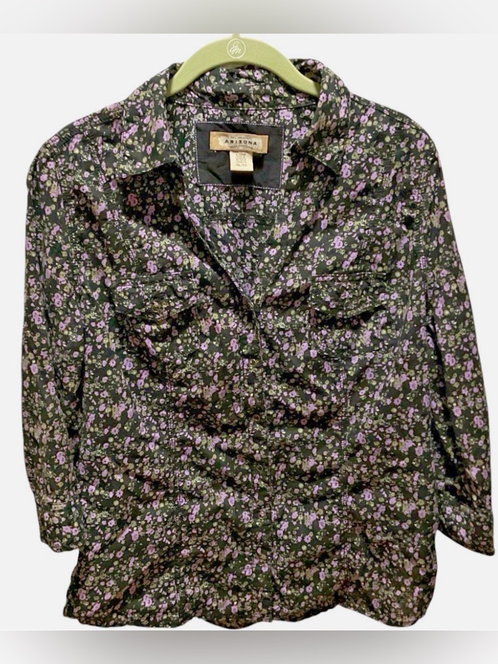 Pretty Arizona Jean Co floral black with subtle purple button-down shirt size XL